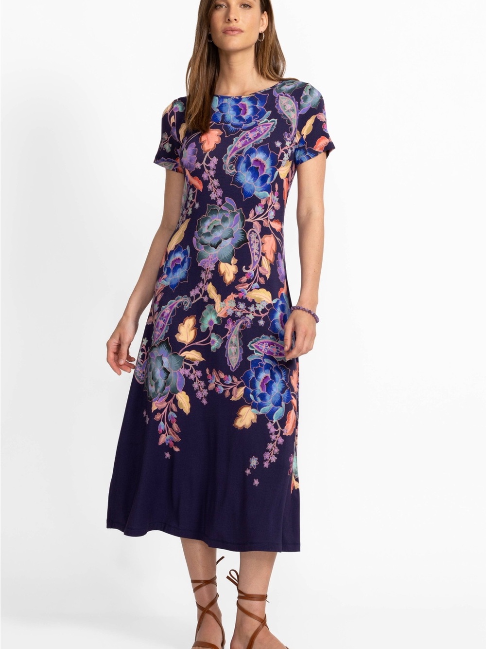 Johnny Was Janie Favorite Boat Neck Cap Sleeve Tee Shirt MIDI Dress Navy Large